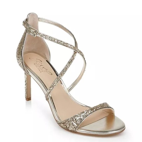 BADGLEY MISCHKA Dimitra Sandals Stiletto Heel in Gold Glitter Size 7 - Picture 2 of 4